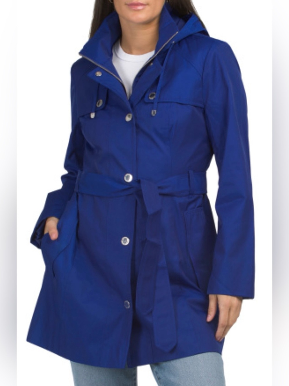 London Fog Women's Indigo Blue Hooded Belted Rain Coat Pockets Mid-Length Size S